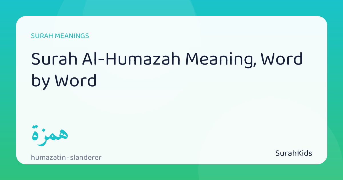 Header image for “Surah Al-Humazah Meaning, Word by Word”, showing the Arabic word humazatin (slanderer).