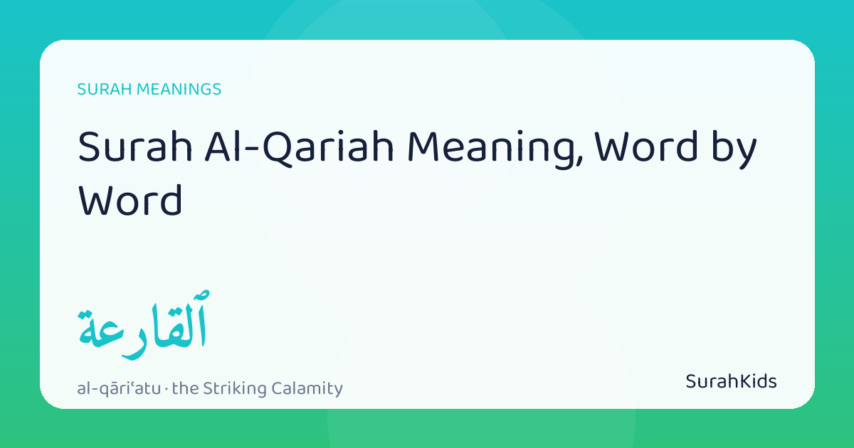 Header image for “Surah Al-Qariah Meaning, Word by Word”, showing the Arabic word al-qāriʿatu (the Striking Calamity).