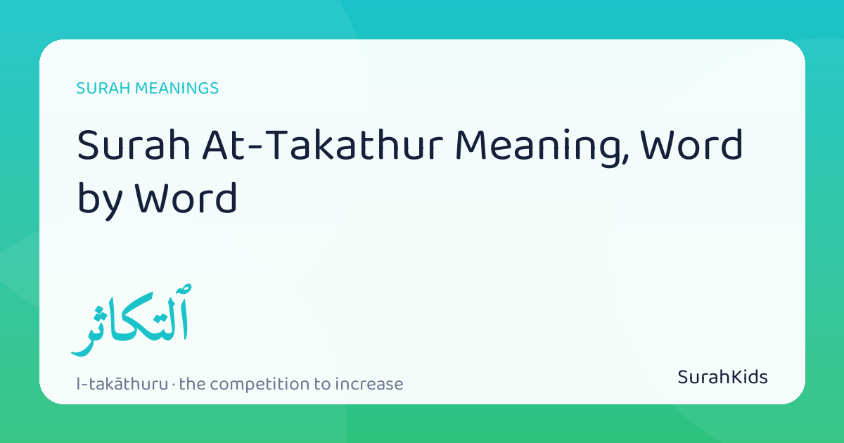 Header image for “Surah At-Takathur Meaning, Word by Word”, showing the Arabic word at-takāthuru (the competition to increase).