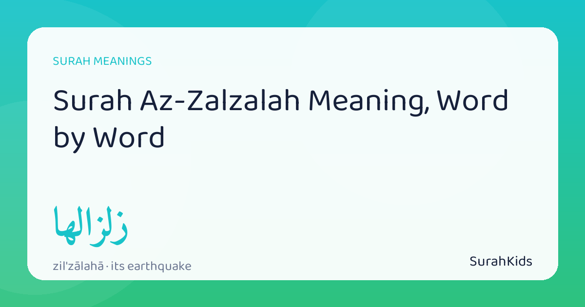 Header image for “Surah Az-Zalzalah Meaning, Word by Word”, showing the Arabic word zilzālahā (its earthquake).