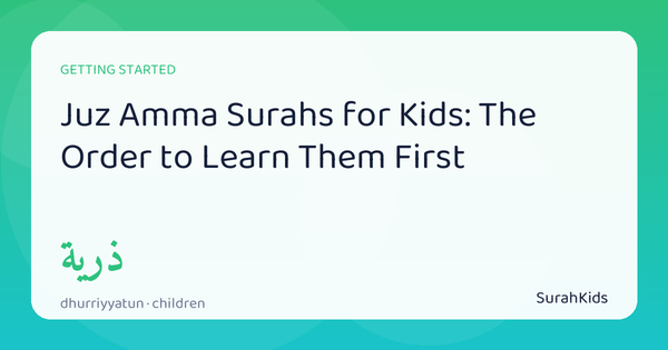 Header image for “Juz Amma Surahs for Kids”, showing the Arabic word dhurriyyatun (children).