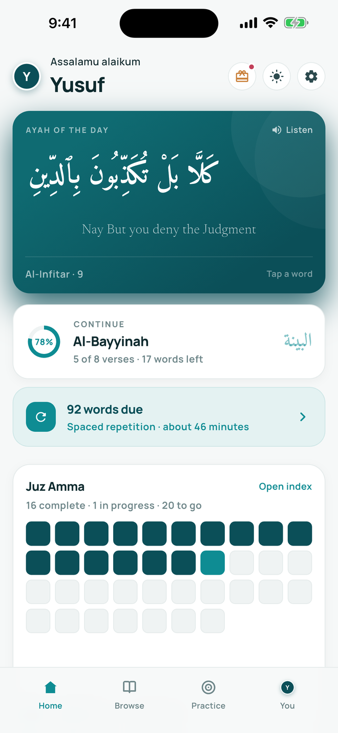 The SurahKids home screen: an ayah of the day with audio, the surah you are part-way through, a spaced-repetition review queue, and the Juz Amma progress grid.