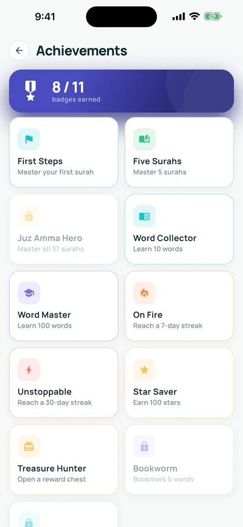 The achievements screen showing earned and locked badges.