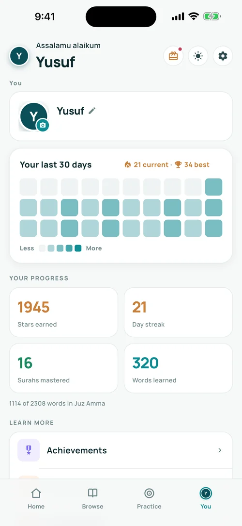 The profile screen showing stars earned, day streak, surahs mastered and words learned.